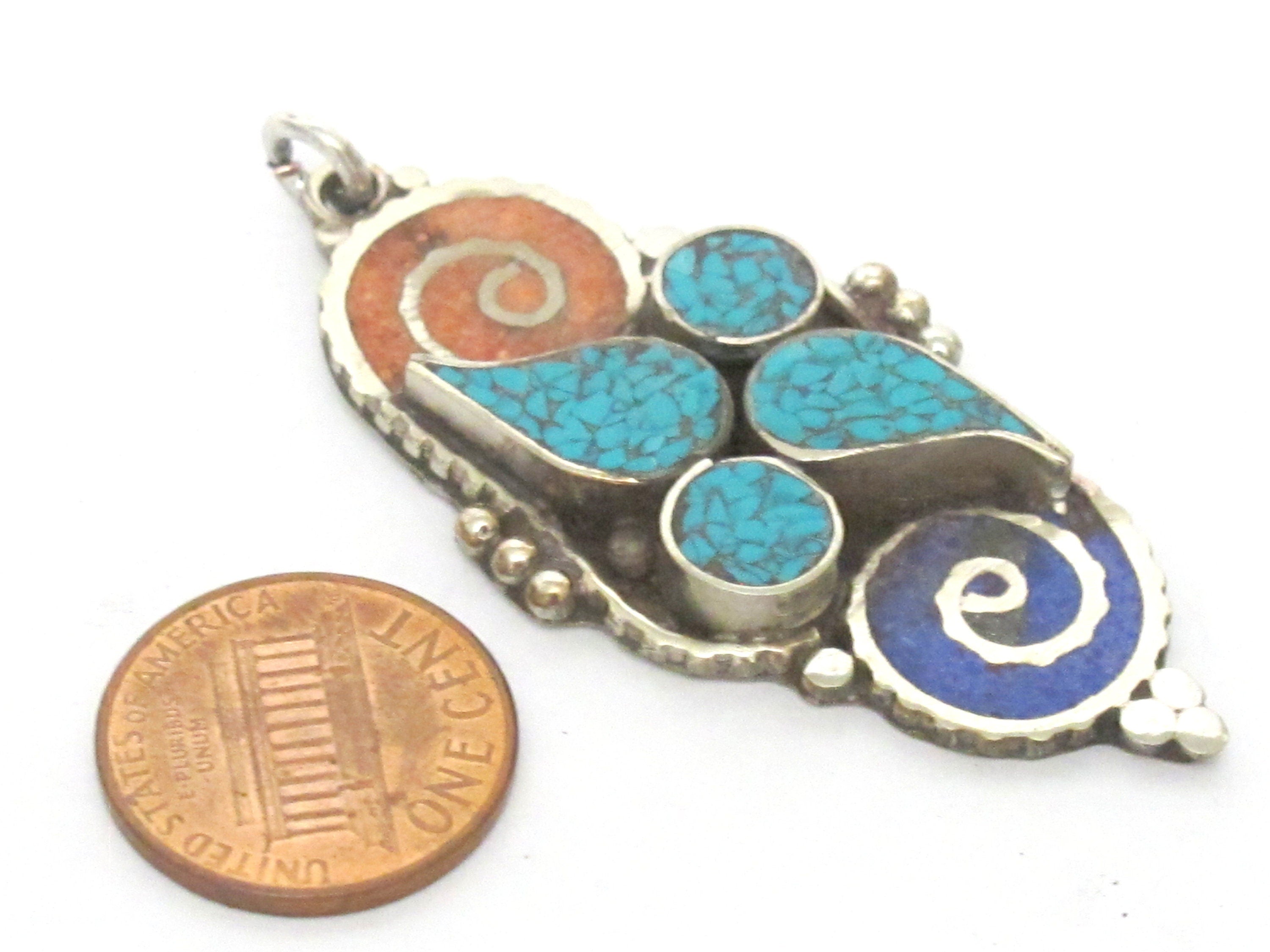1 pendant - Nepal Tibetan silver double spiral coil floral design charm pendant with turquoise brass inlay salmon orange blue color - PM340H