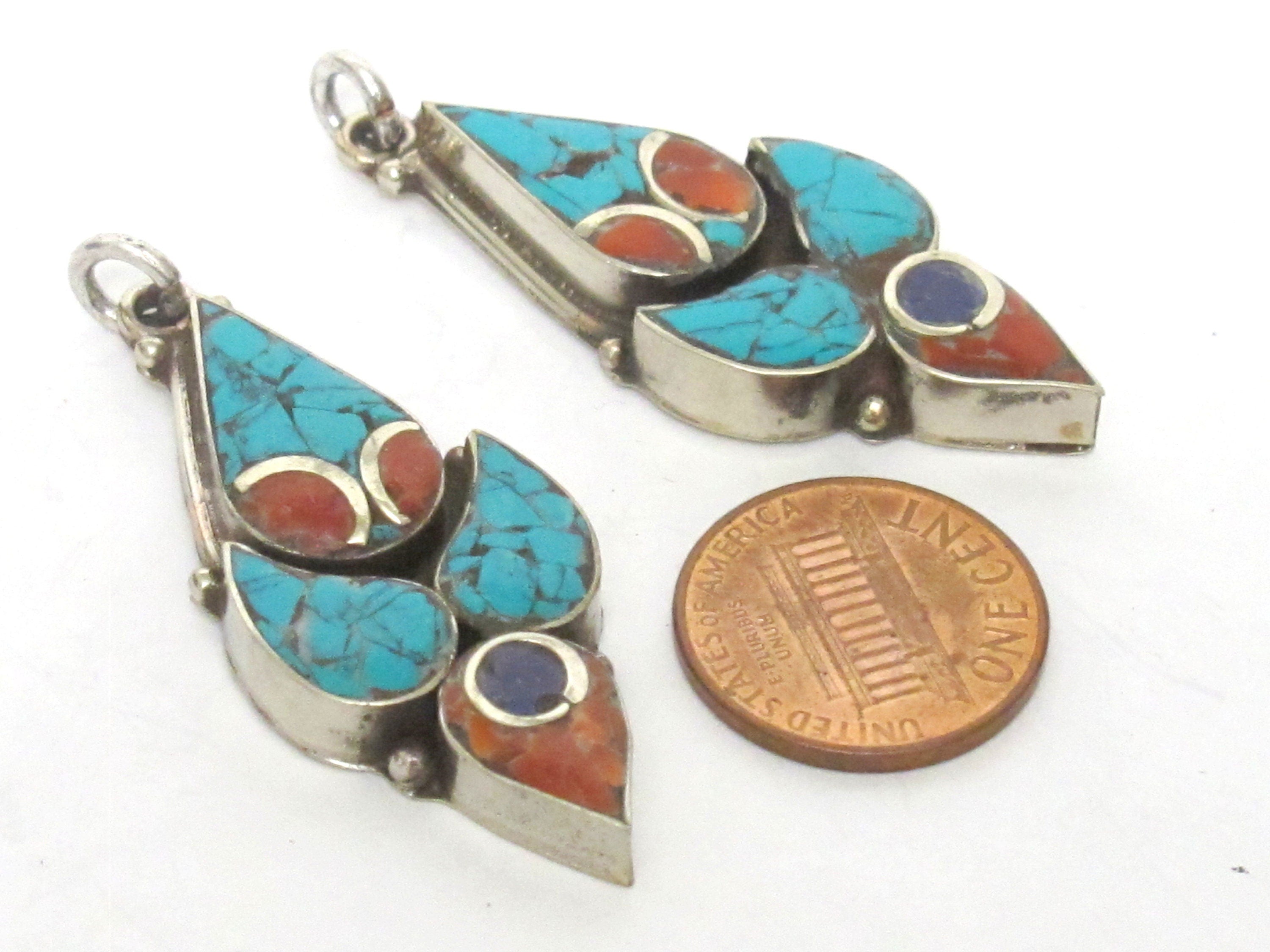 1 pendant - Nepal Tibetan pendants Tibetan silver charm pendant abstract bird design with turquoise lapis inlay - PM341K