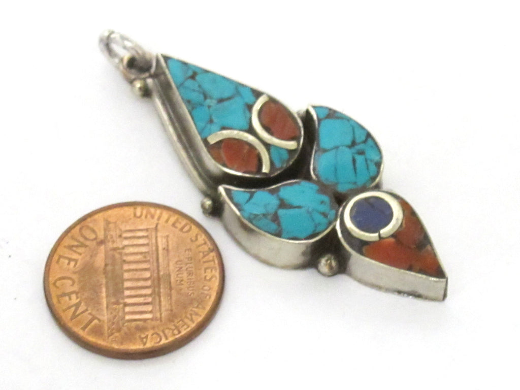 1 pendant - Nepal Tibetan pendants Tibetan silver charm pendant abstract bird design with turquoise lapis inlay - PM341K
