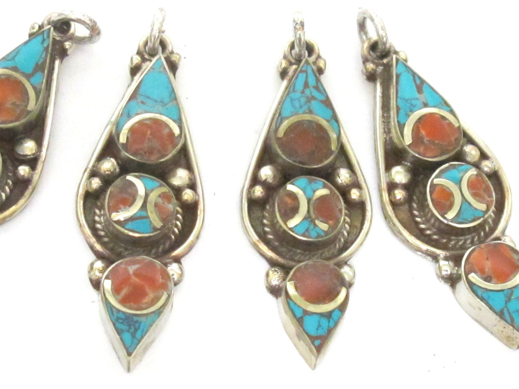 1 pendant - Nepal Tibetan pendants arrowhead drop linear shape Tibetan silver charm pendant with turquoise inlay - PM341M