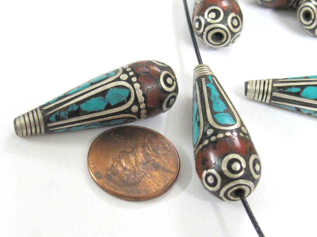 2 Beads-Tibetan filigree design silver floral drop with turquoise inlaid cone beads Nepal beads Tibetan beads nepalbeadshop- BD825K