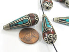 2 Beads-Tibetan filigree design silver floral drop with turquoise inlaid cone beads Nepal beads Tibetan beads nepalbeadshop- BD825K