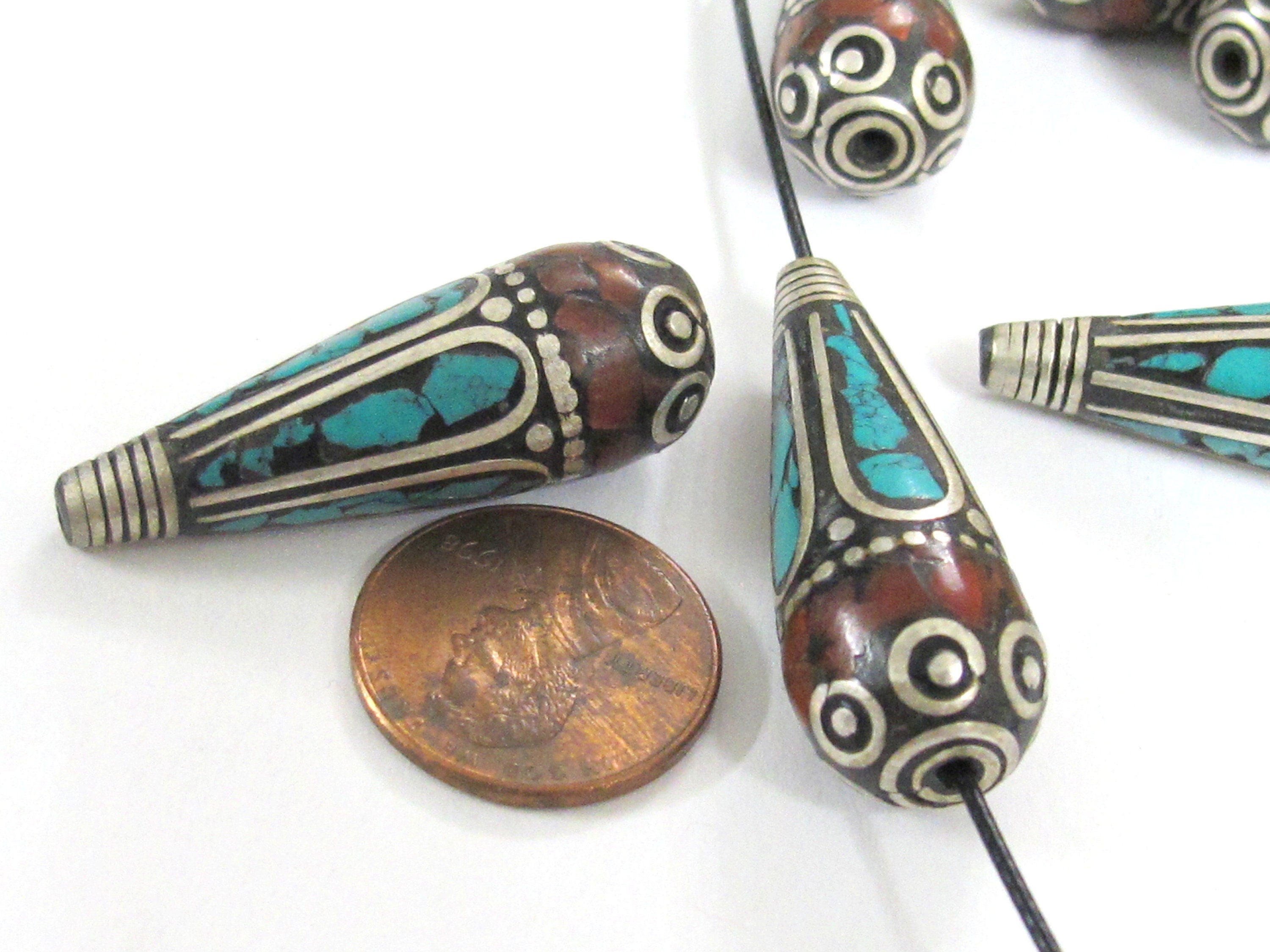 2 Beads-Tibetan filigree design silver floral drop with turquoise inlaid cone beads Nepal beads Tibetan beads nepalbeadshop- BD825K