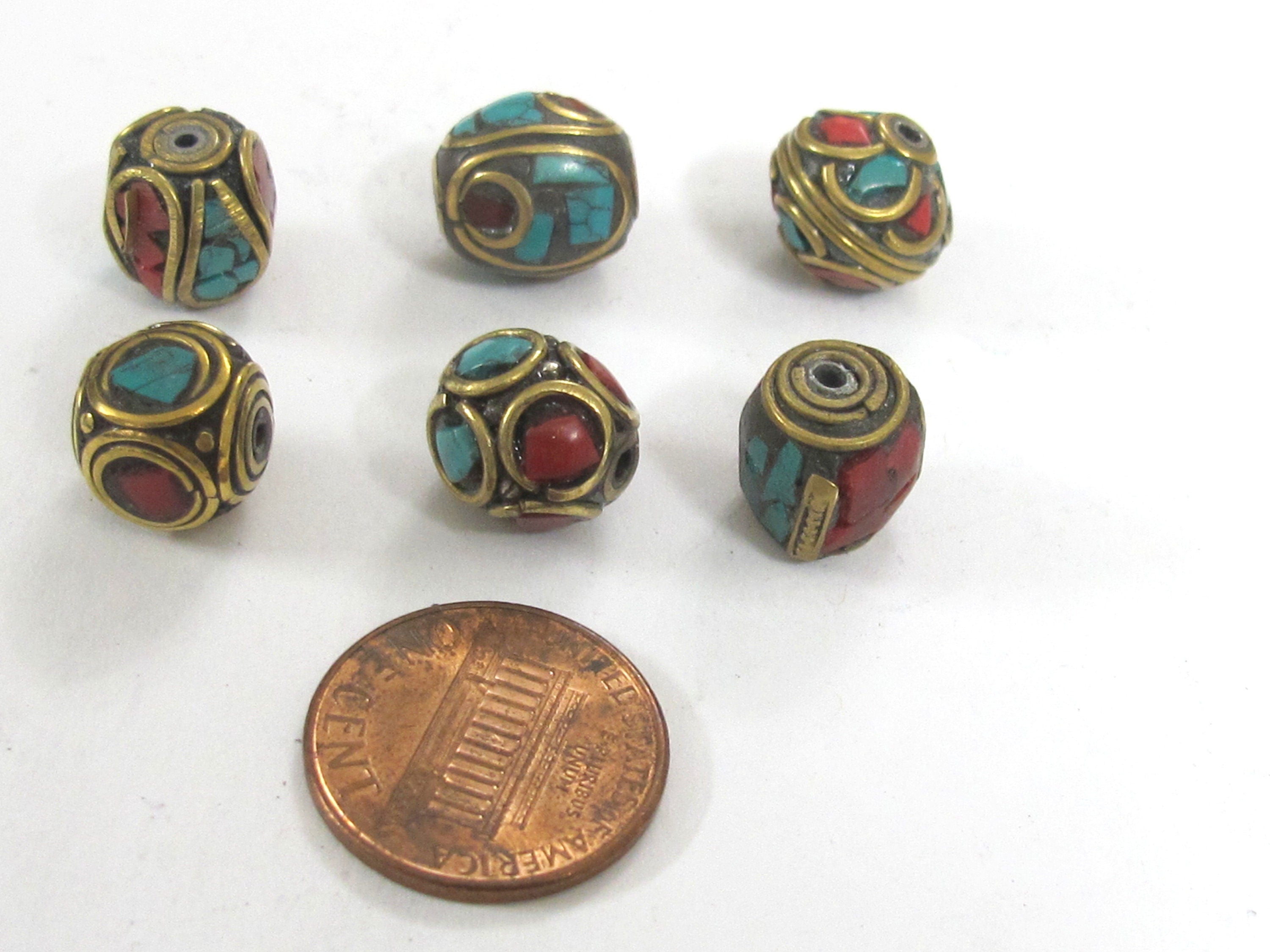 5 Beads - Mix variety Nepal beads Tibetan beads inlaid metal beads turquoise inlaid - mix lot wholesale Nepalbeadshop - BD990s