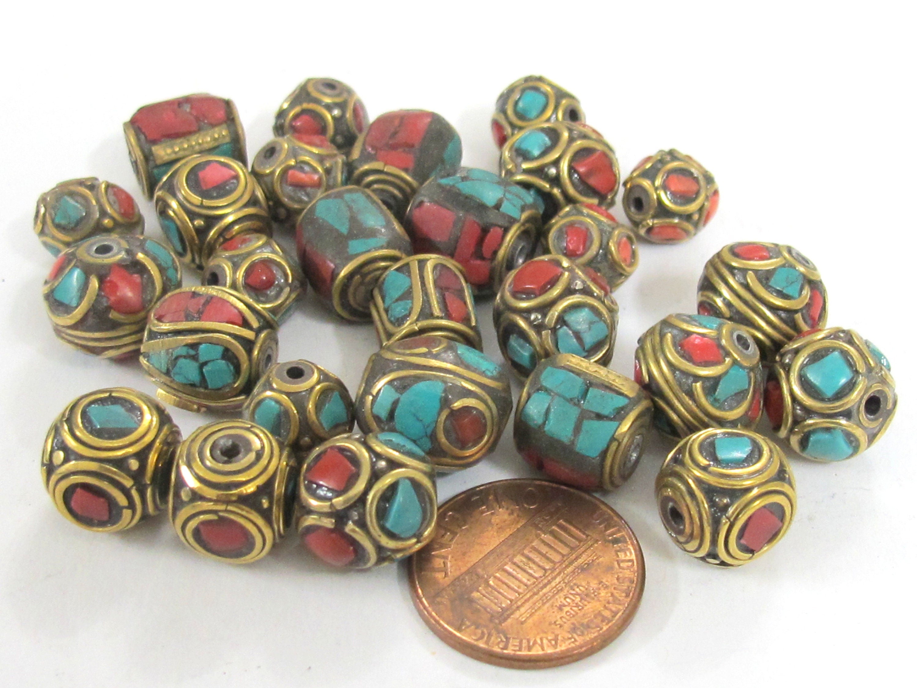 5 Beads - Mix variety Nepal beads Tibetan beads inlaid metal beads turquoise inlaid - mix lot wholesale Nepalbeadshop - BD990s