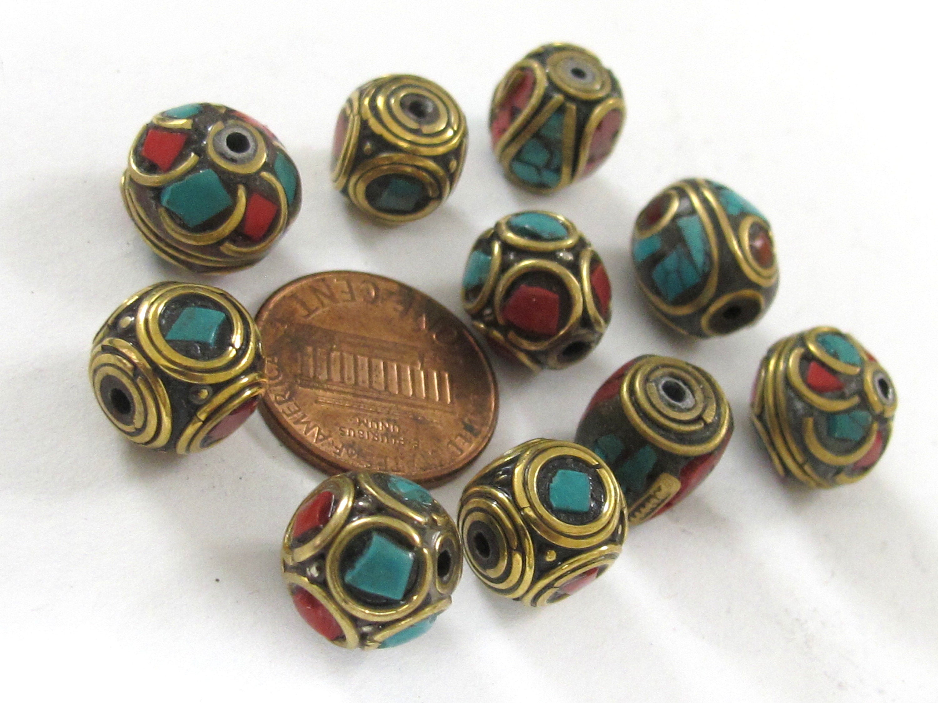 5 Beads - Mix variety Nepal beads Tibetan beads inlaid metal beads turquoise inlaid - mix lot wholesale Nepalbeadshop - BD990s