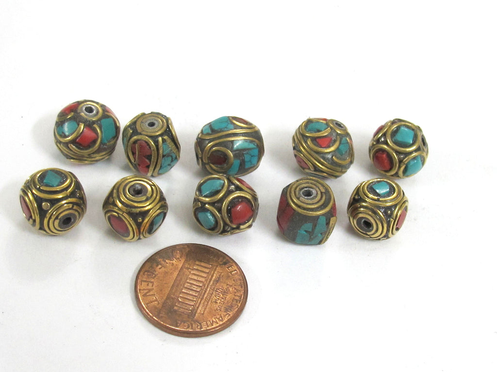 5 Beads - Mix variety Nepal beads Tibetan beads inlaid metal beads turquoise inlaid - mix lot wholesale Nepalbeadshop - BD990s