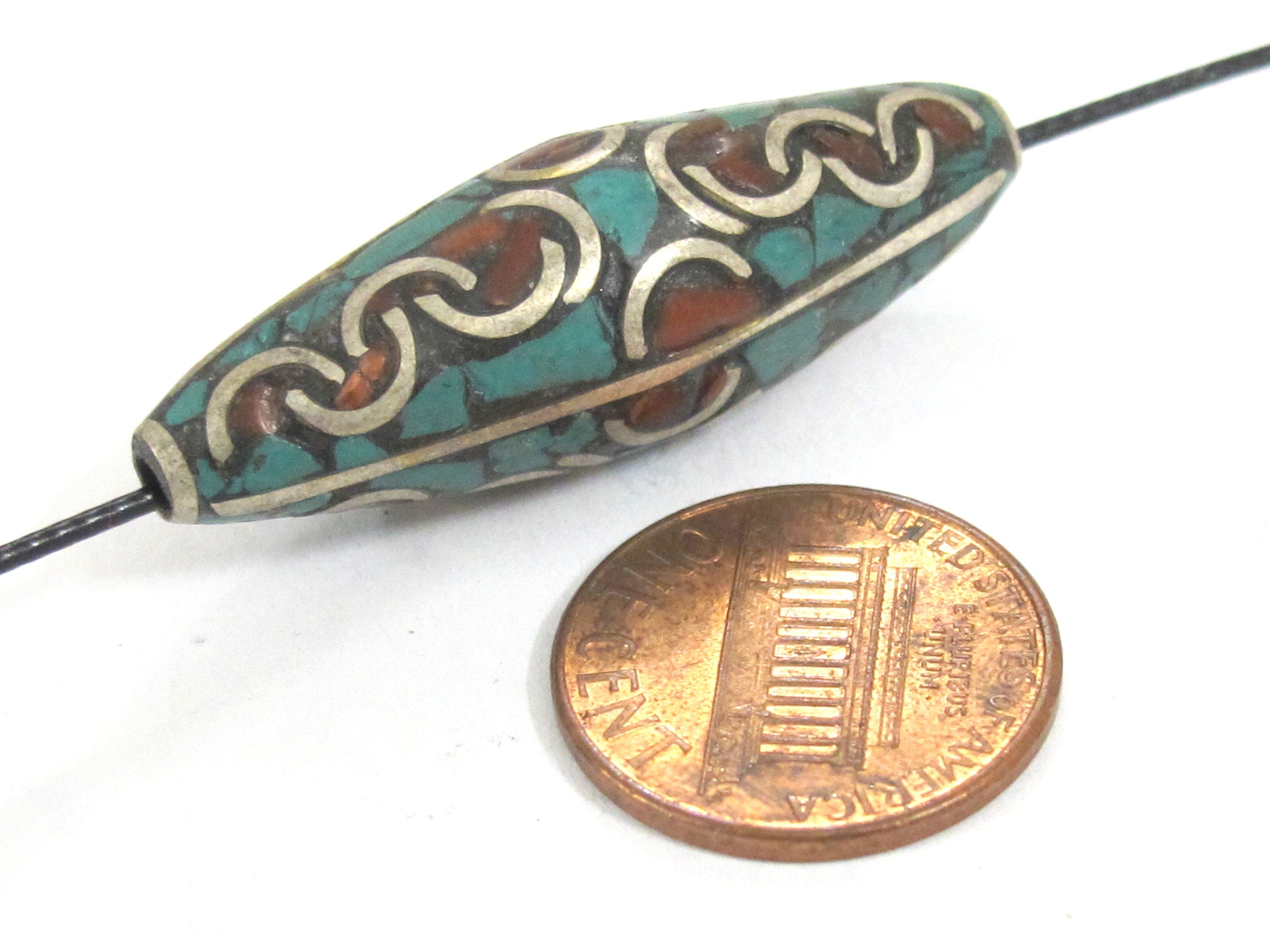 2 Beads - Large long ethnic Nepal beads Tibetan beads silver finish brass bead with turquoise coral inlaid wavy curl design Nepal - BD991