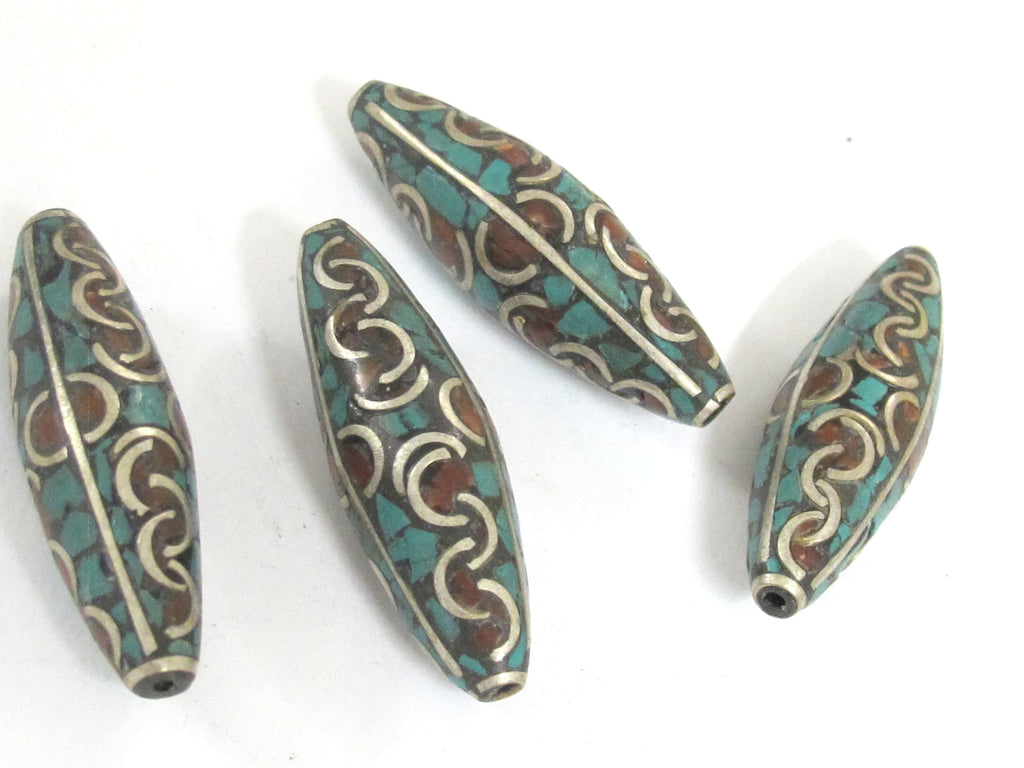 2 Beads - Large long ethnic Nepal beads Tibetan beads silver finish brass bead with turquoise coral inlaid wavy curl design Nepal - BD991