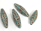 2 Beads - Large long ethnic Nepal beads Tibetan beads silver finish brass bead with turquoise coral inlaid wavy curl design Nepal - BD991