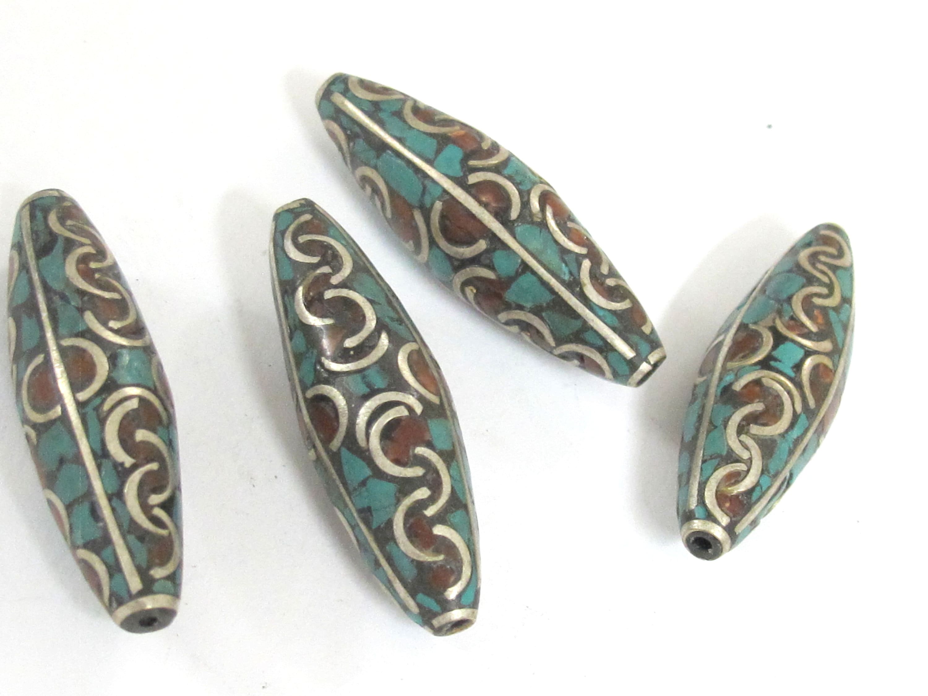 2 Beads - Large long ethnic Nepal beads Tibetan beads silver finish brass bead with turquoise coral inlaid wavy curl design Nepal - BD480K