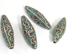 1 Bead - Large long ethnic Nepal beads Tibetan beads silver finish brass bead with turquoise coral inlaid wavy curl design Nepal - BD991