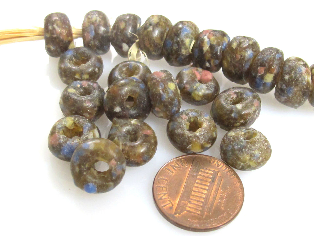 10 BEADS - African glass beads - African recycled glass donut shape beads honey brown color - AB071