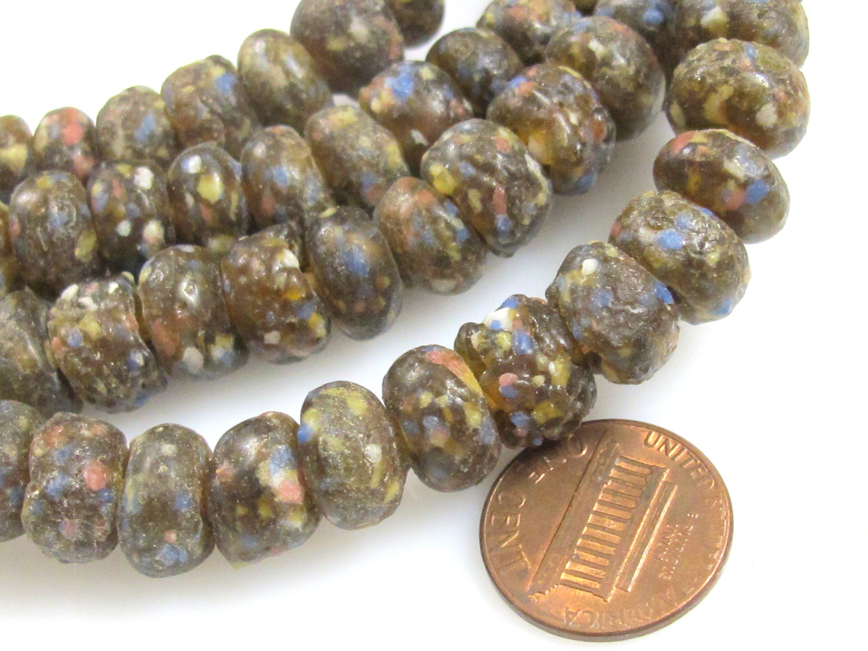 10 BEADS - African glass beads - African recycled glass donut shape beads honey brown color - AB071