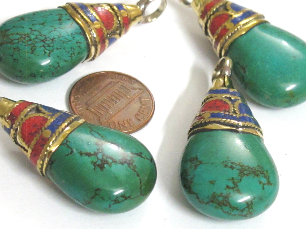 1 Pendant - Beautiful Ethnic Nepal Tibetan turquoise drop pendant with brass bail lapis inlay -- PM578