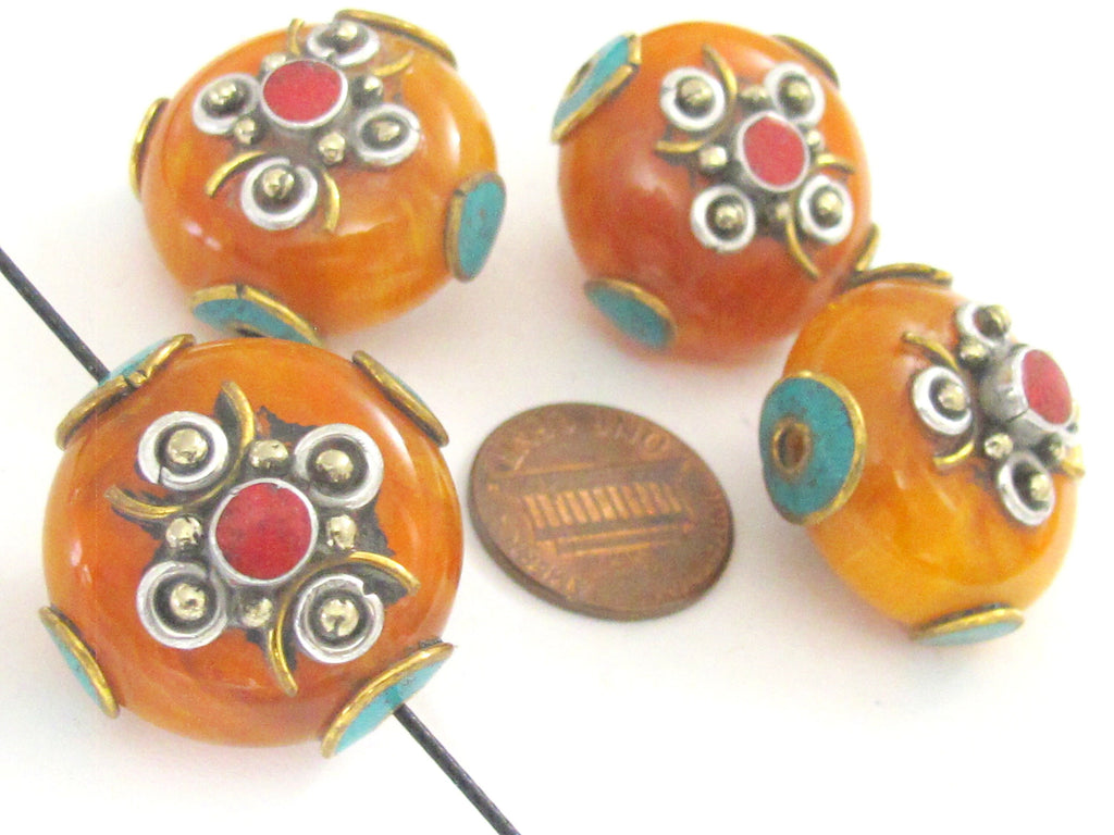 1 BEAD - Tibetan bead honey copal resin reversible beads inlaid with brass coral and turquoise Nepal beads nepalbeadshop- BD626K