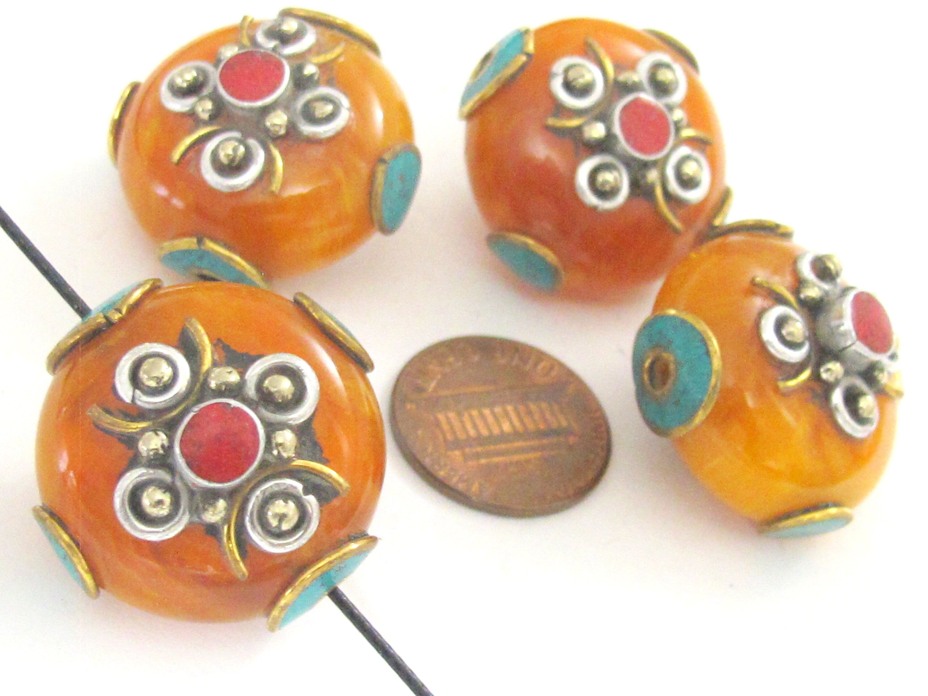 1 BEAD - Tibetan bead honey copal resin reversible beads inlaid with brass coral and turquoise Nepal beads nepalbeadshop- BD626K