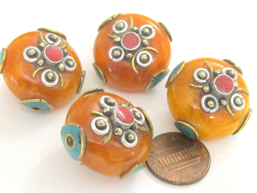 1 BEAD - Tibetan bead honey copal resin reversible beads inlaid with brass coral and turquoise Nepal beads nepalbeadshop- BD626K