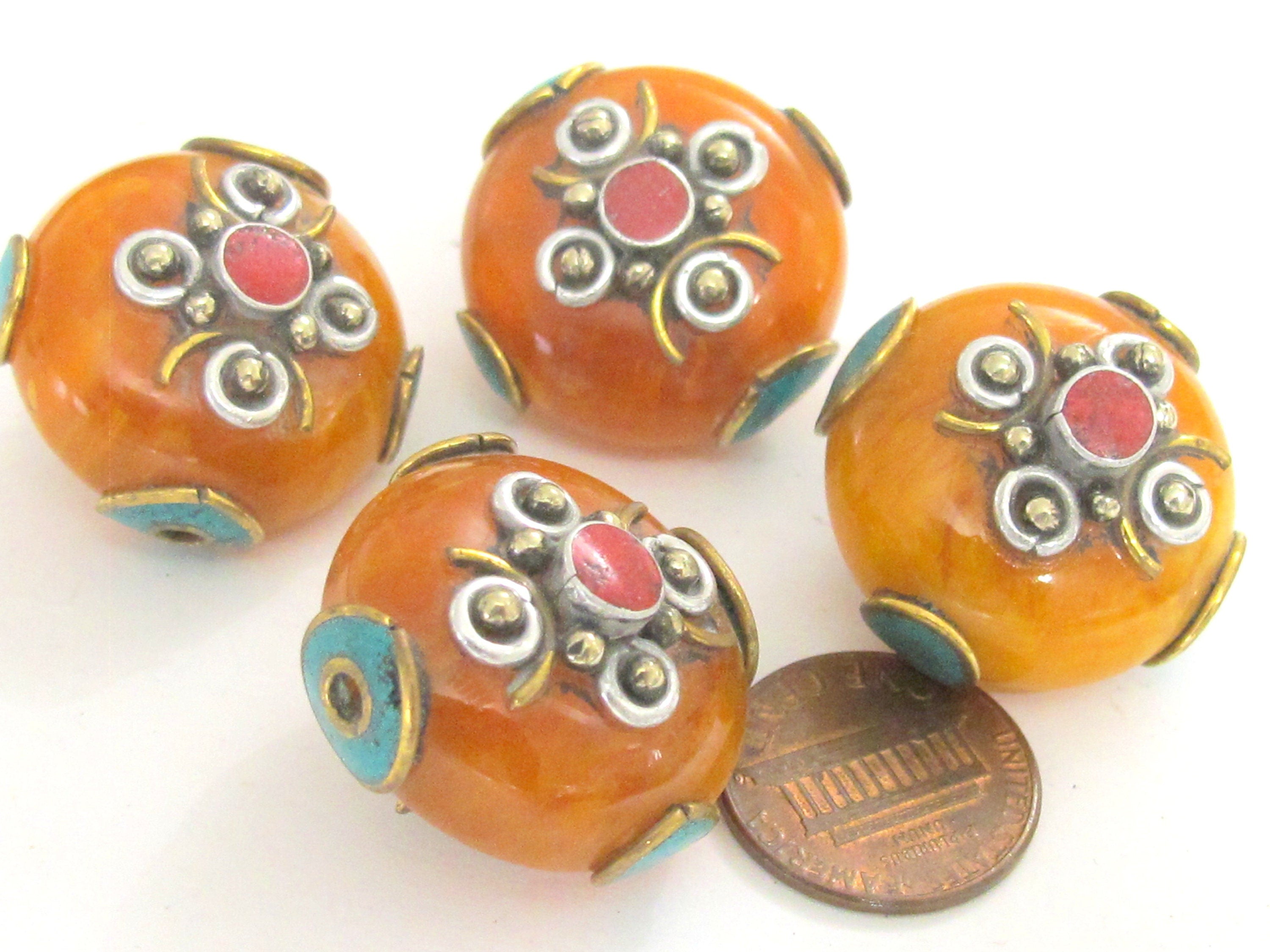 1 BEAD - Tibetan bead honey copal resin reversible beads inlaid with brass coral and turquoise Nepal beads nepalbeadshop- BD626K