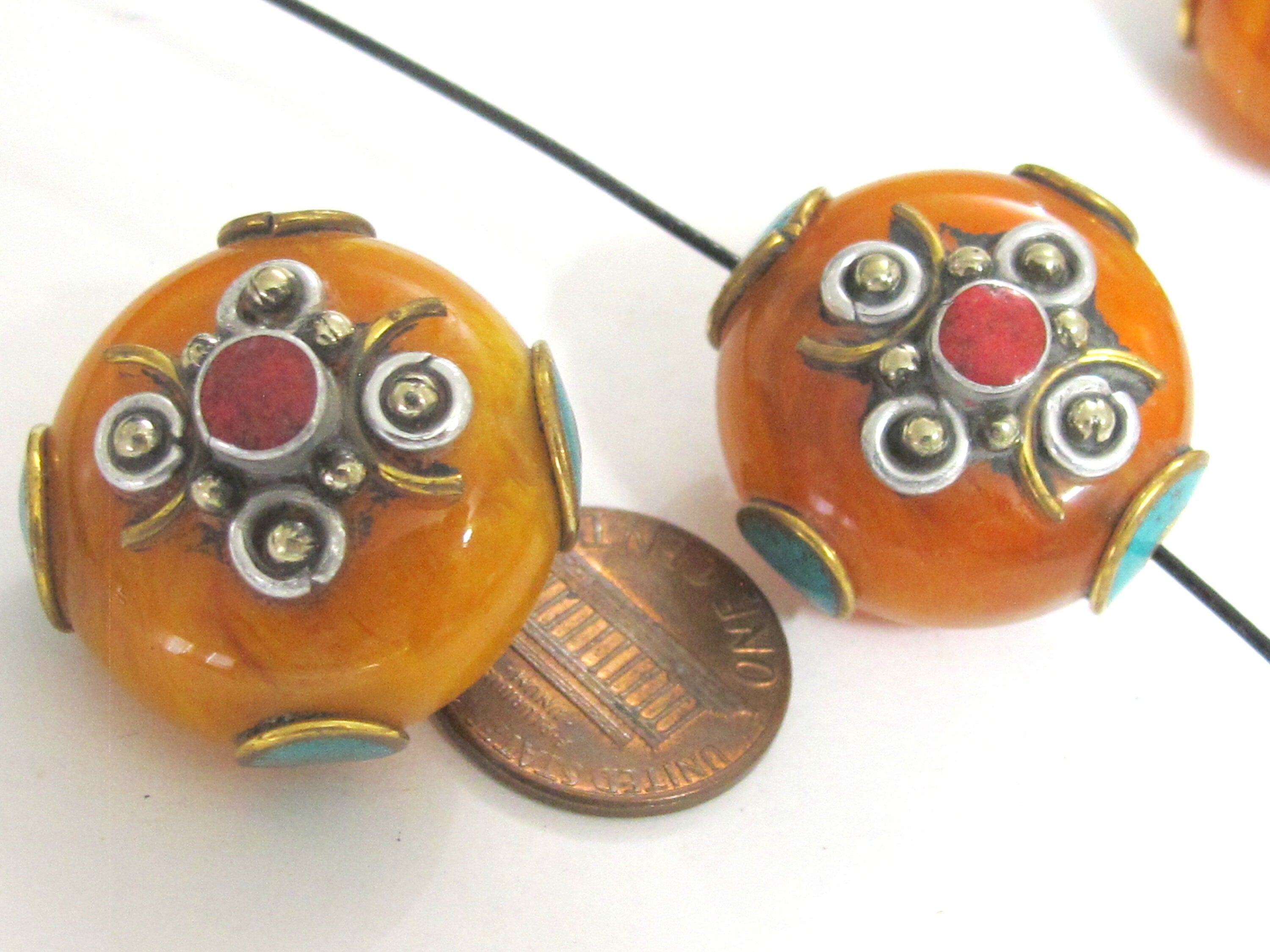 1 BEAD - Tibetan bead honey copal resin reversible beads inlaid with brass coral and turquoise Nepal beads nepalbeadshop- BD626K