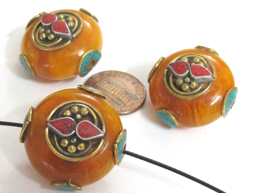 1 BEAD - Tibetan bead honey copal resin reversible beads inlaid with brass coral and turquoise Nepal beads nepalbeadshop- BD628K