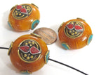 1 BEAD - Tibetan bead honey copal resin reversible beads inlaid with brass coral and turquoise Nepal beads nepalbeadshop- BD628K