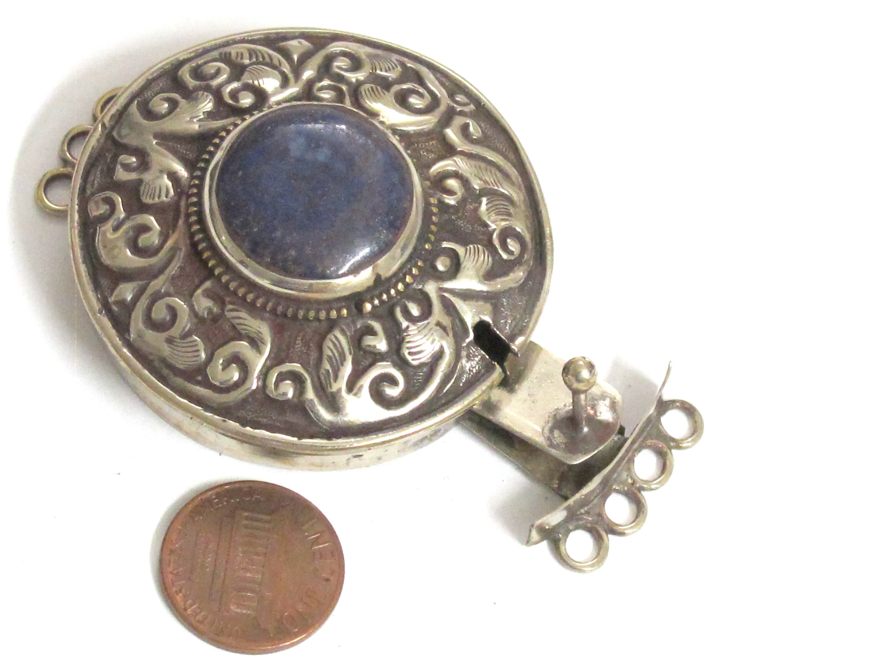 SALE - 1 clasp - Tibetan Nepal lapis lazuli gemstone clasp findings Large ethnic Tibetan silver lapis inlaid box clasp pendant - PM414B