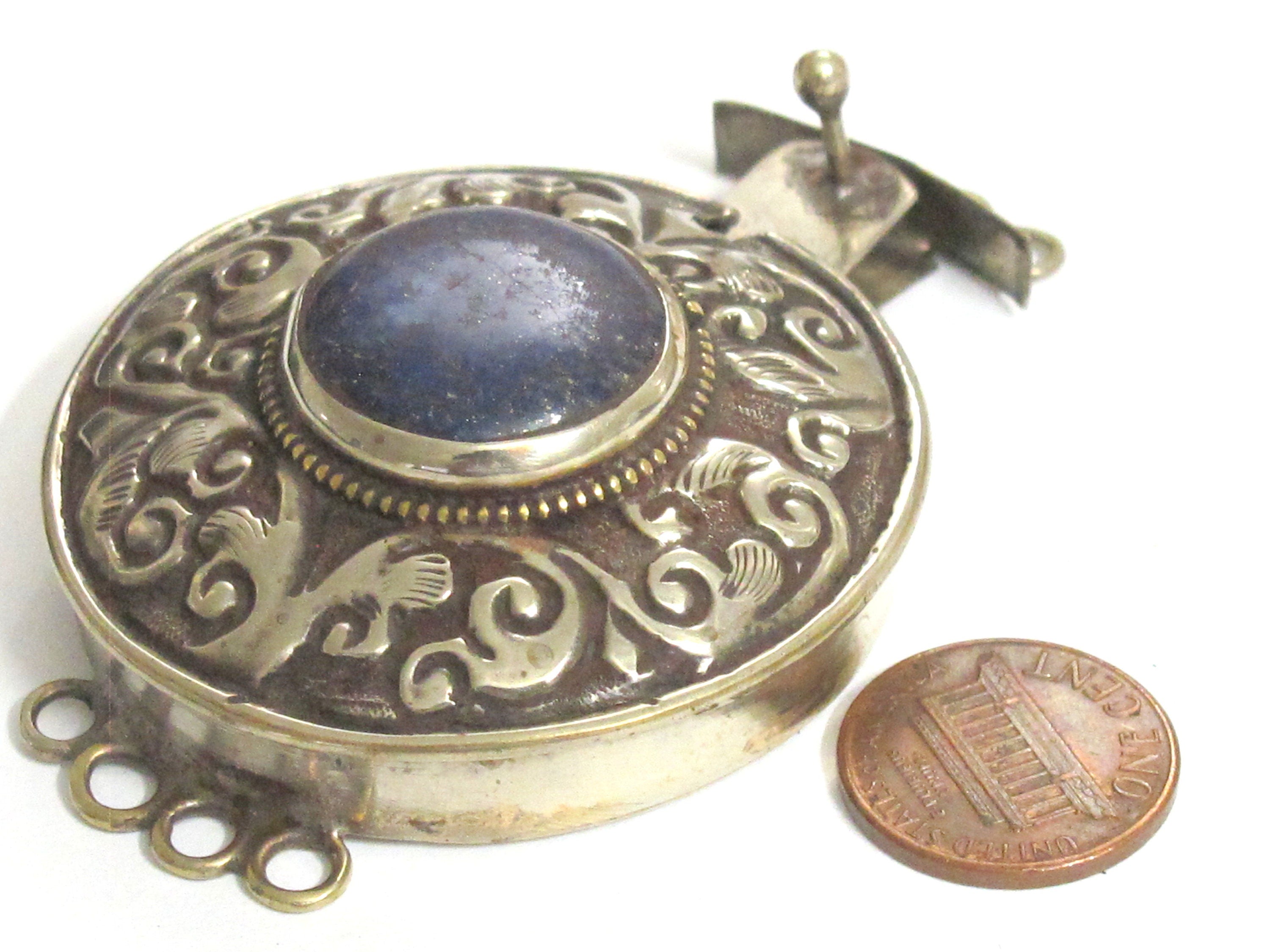 SALE - 1 clasp - Tibetan Nepal lapis lazuli gemstone clasp findings Large ethnic Tibetan silver lapis inlaid box clasp pendant - PM414B