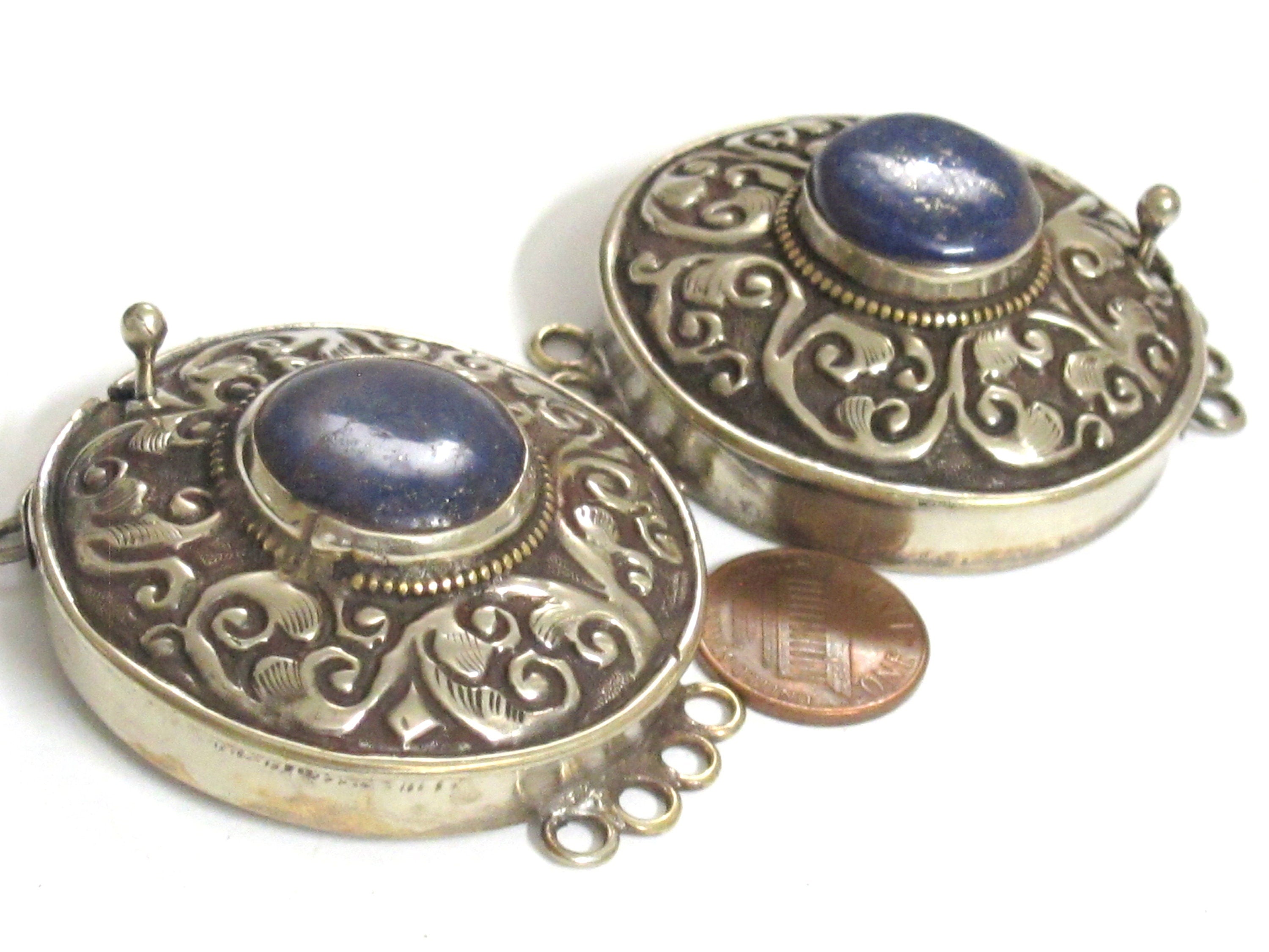 SALE - 1 clasp - Tibetan Nepal lapis lazuli gemstone clasp findings Large ethnic Tibetan silver lapis inlaid box clasp pendant - PM414B