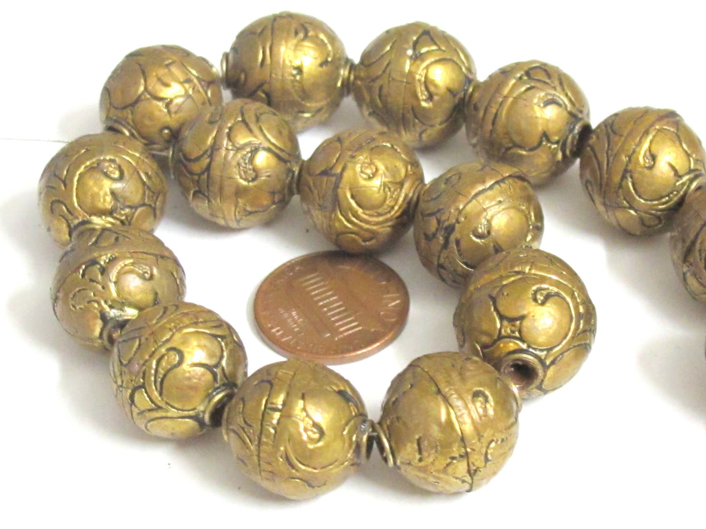 1 bead - Tibetan beads nepal brass beads floral carving antiqued golden brass beads wholesale bulk lot Nepal - BD902K