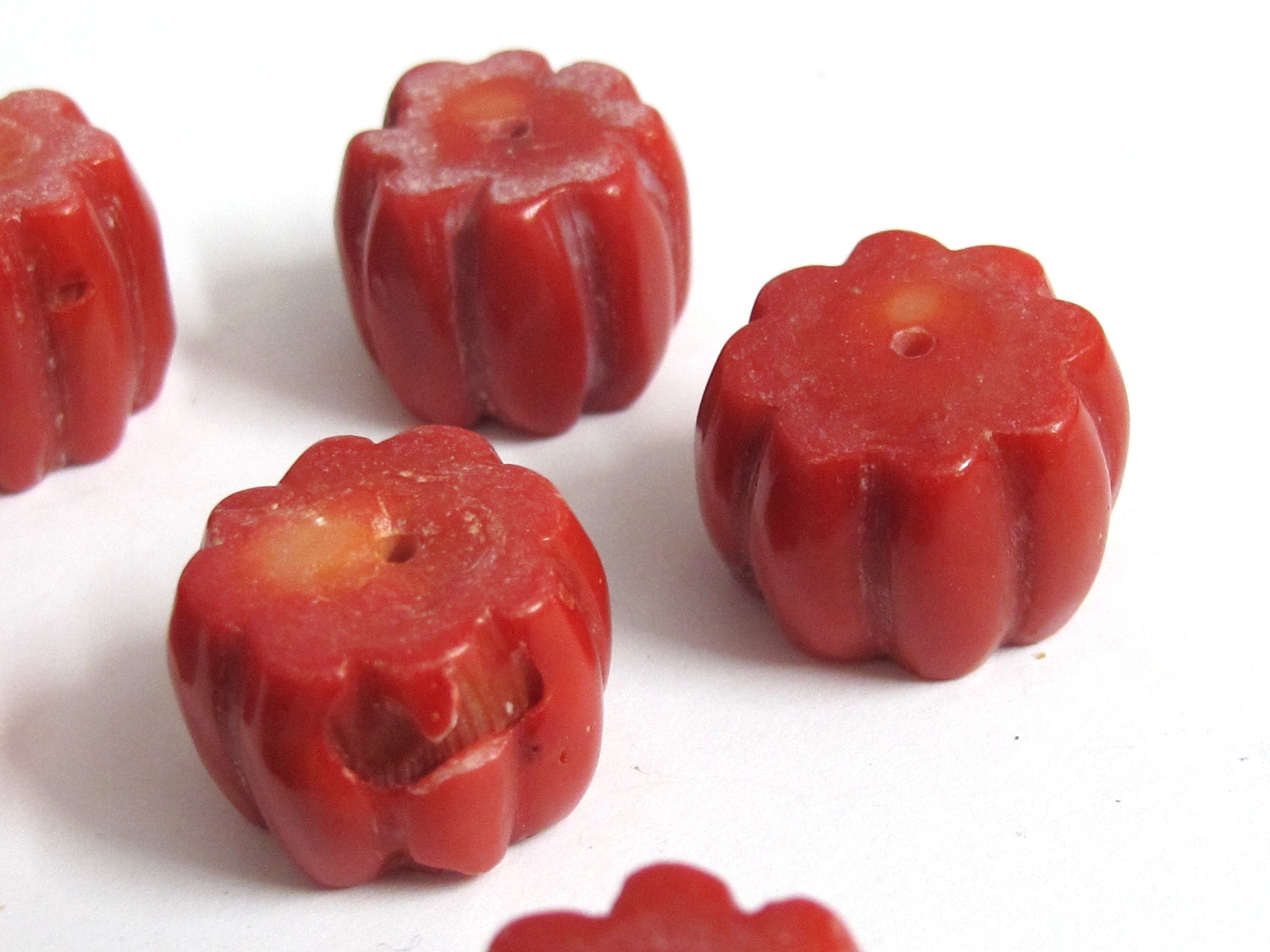8 Beads - Red color bamboo coral carved drum shape beads - GM032T