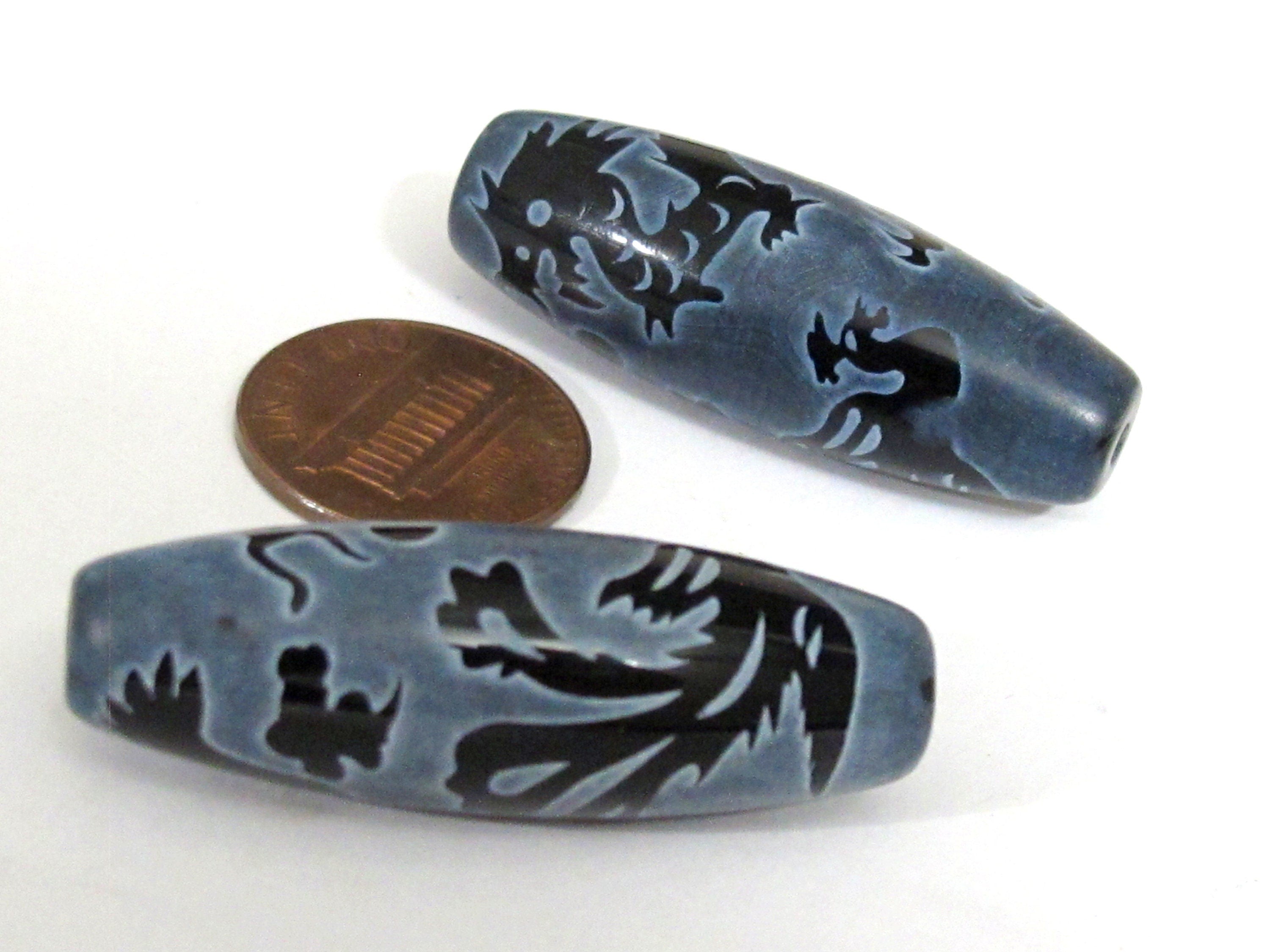 1 Bead - Long large olive bean shape etched agate onyx gemstone Tibetan dragon bead dragon phoenix bird design GM225E