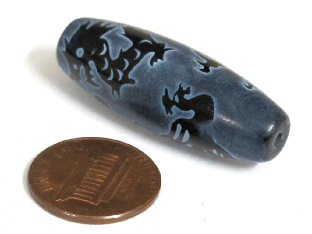 1 Bead - Long large olive bean shape etched agate onyx gemstone Tibetan dragon bead dragon phoenix bird design GM225E