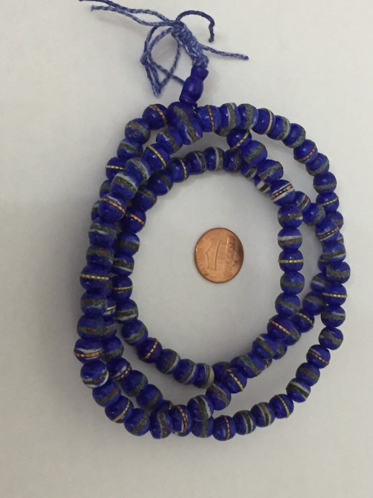 108 beads - Tibetan bone beads inlaid bone beads - 8 mm Tibetan blue color bone beads turquoise brass inlay beads - nepal ML125A