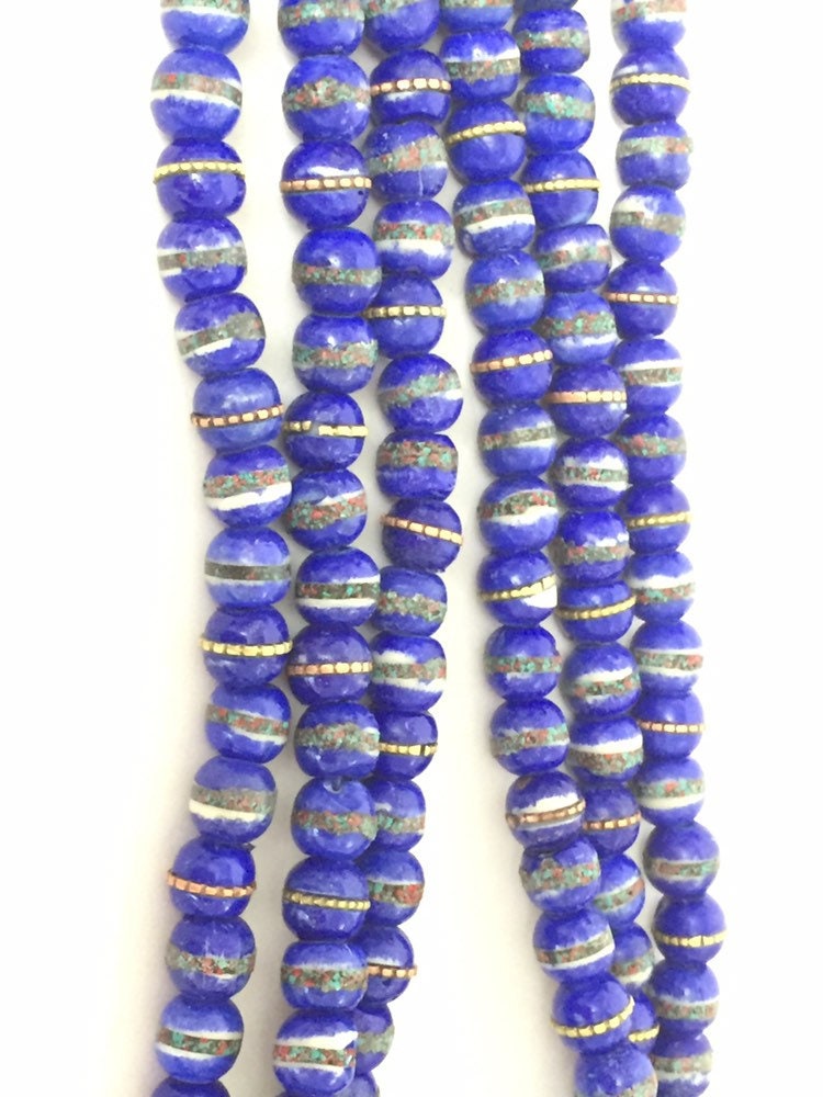 20 beads - Tibetan bone beads inlaid bone beads - 8 mm Tibetan blue color bone beads turquoise brass inlay beads - nepal beads ML125C