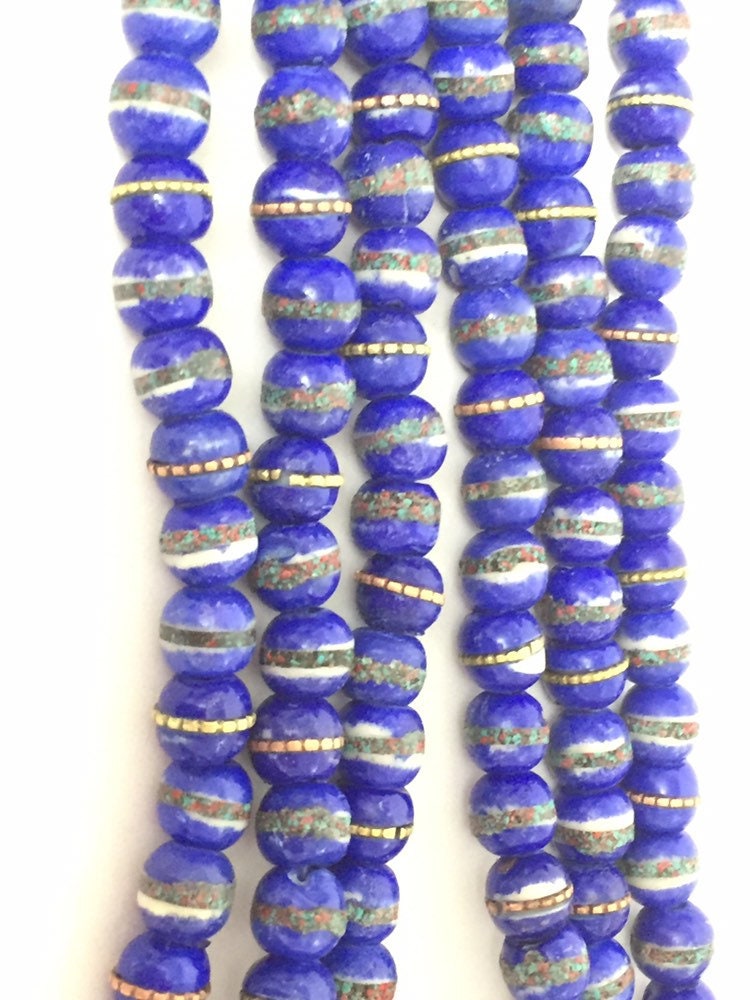 108 beads - Tibetan bone beads inlaid bone beads - 8 mm Tibetan blue color bone beads turquoise brass inlay beads - nepal ML125A