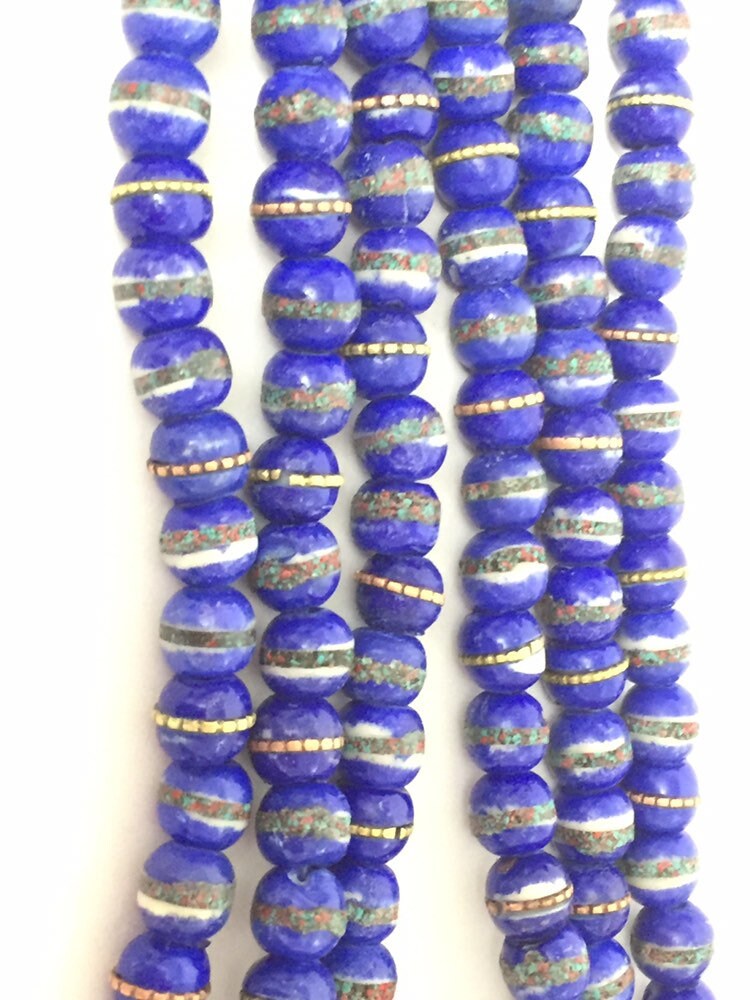 20 beads - Tibetan bone beads inlaid bone beads - 8 mm Tibetan blue color bone beads turquoise brass inlay beads - nepal beads ML125C