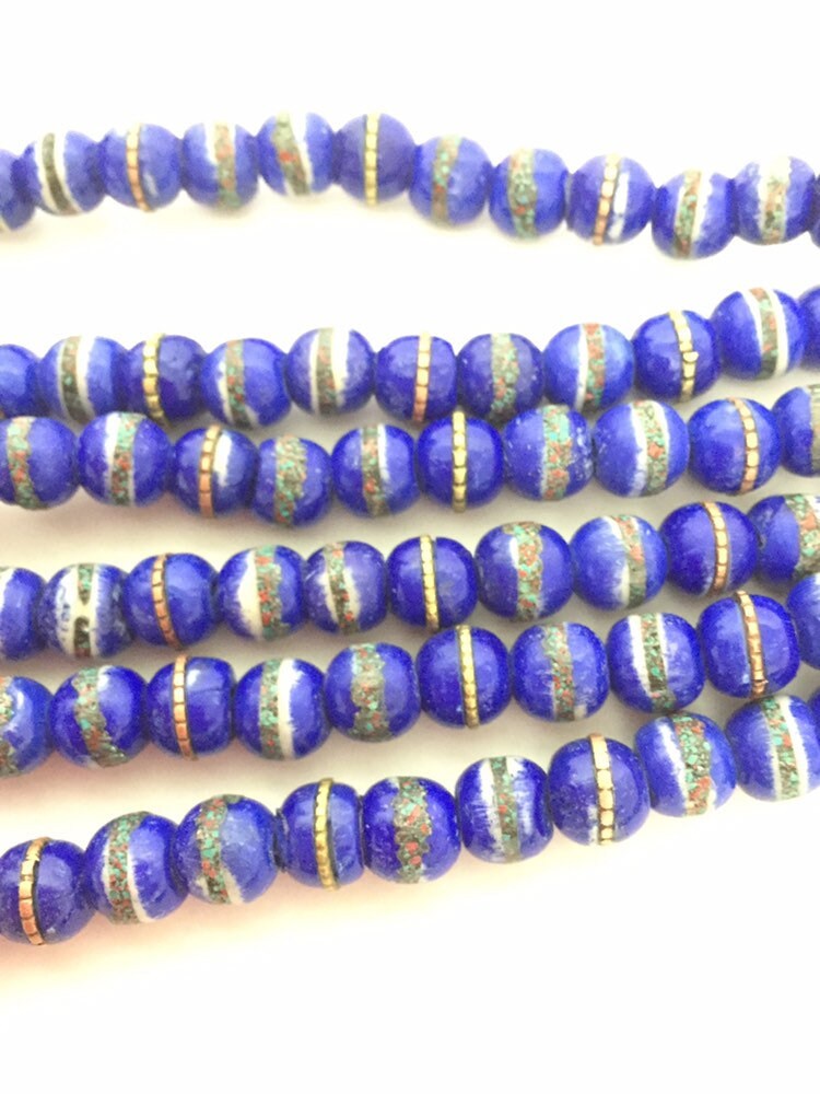 20 beads - Tibetan bone beads inlaid bone beads - 8 mm Tibetan blue color bone beads turquoise brass inlay beads - nepal beads ML125C
