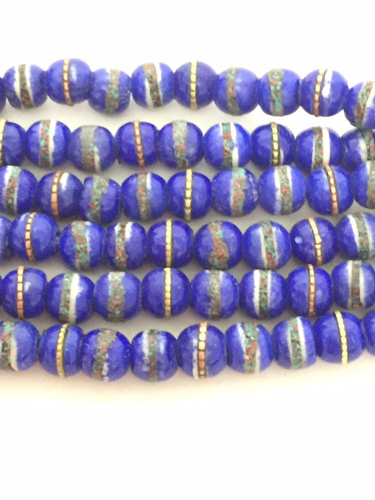 108 beads - Tibetan bone beads inlaid bone beads - 8 mm Tibetan blue color bone beads turquoise brass inlay beads - nepal ML125A