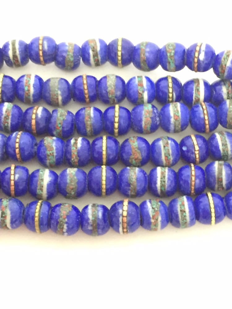 20 beads - Tibetan bone beads inlaid bone beads - 8 mm Tibetan blue color bone beads turquoise brass inlay beads - nepal beads ML125C