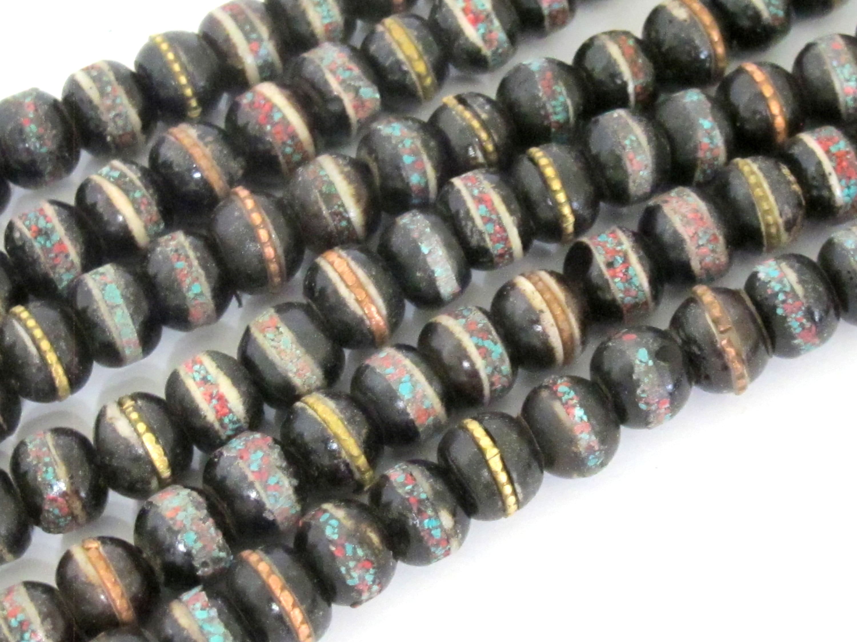 20 beads - 8 mm Tibetan black brown color recycled cattle bone mala with turquoise brass inlay beads supply - ML126B