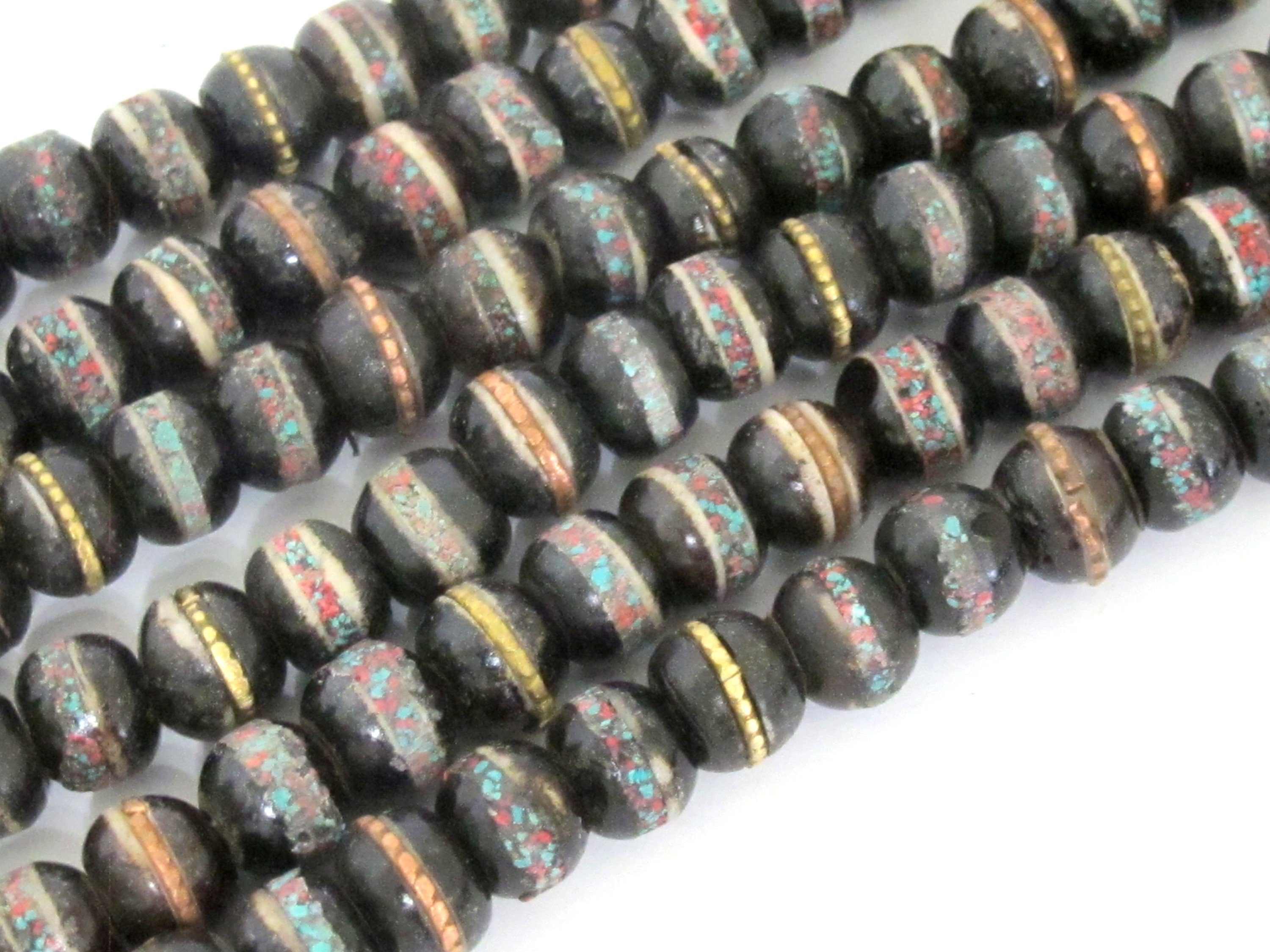 108 beads - 8 mm Tibetan black brown color recycled cattle bone mala with turquoise brass inlay beads supply - ML126A