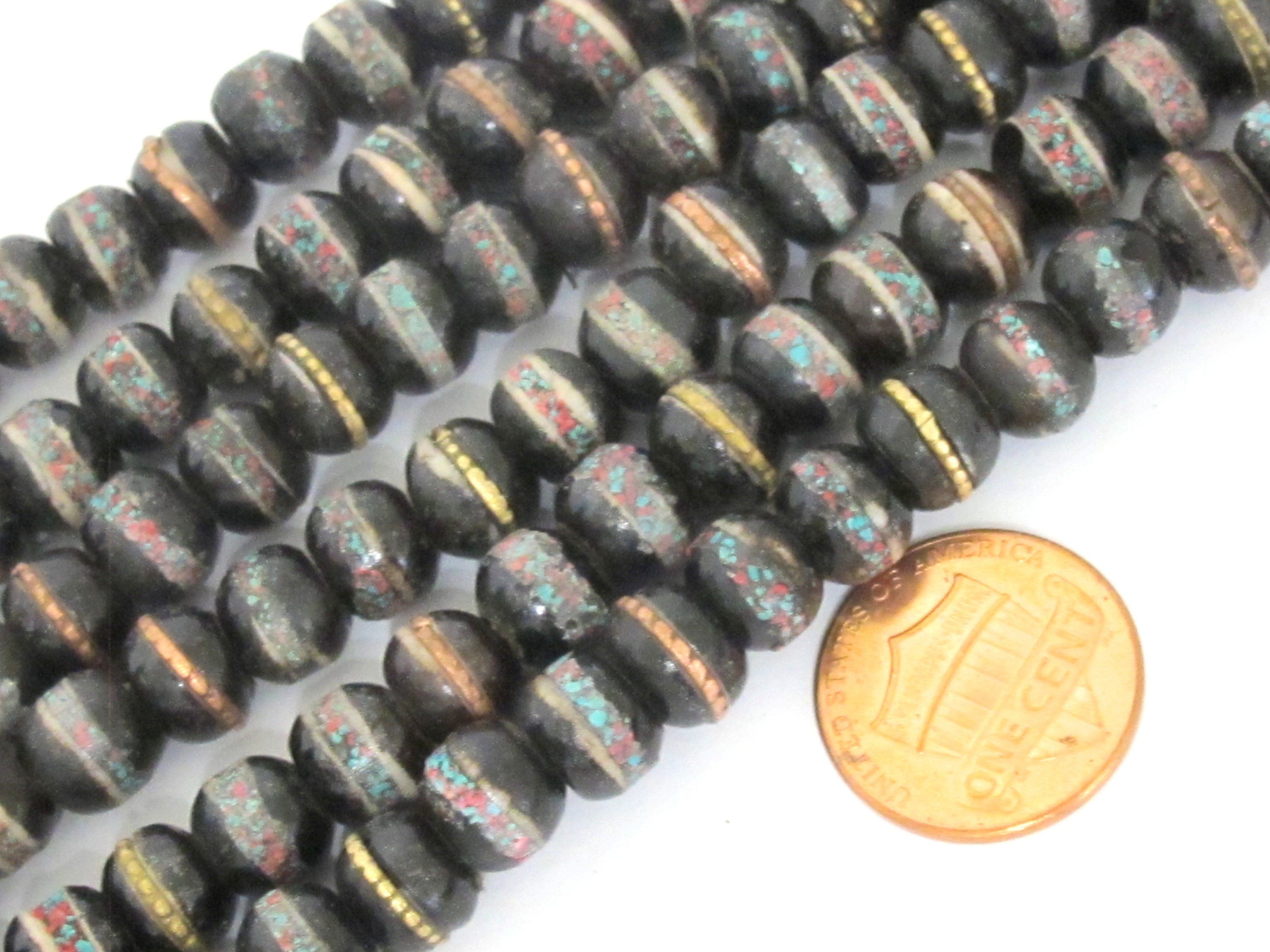 108 beads - 8 mm Tibetan black brown color recycled cattle bone mala with turquoise brass inlay beads supply - ML126A