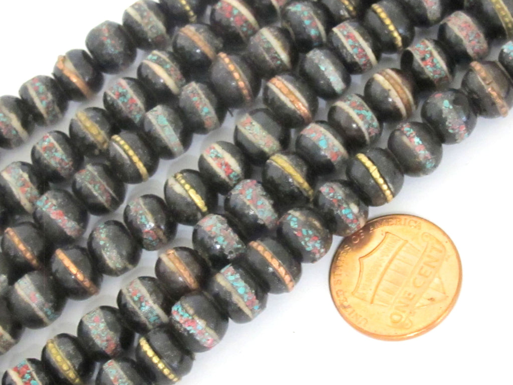 108 beads - 8 mm Tibetan black brown color recycled cattle bone mala with turquoise brass inlay beads supply - ML126A