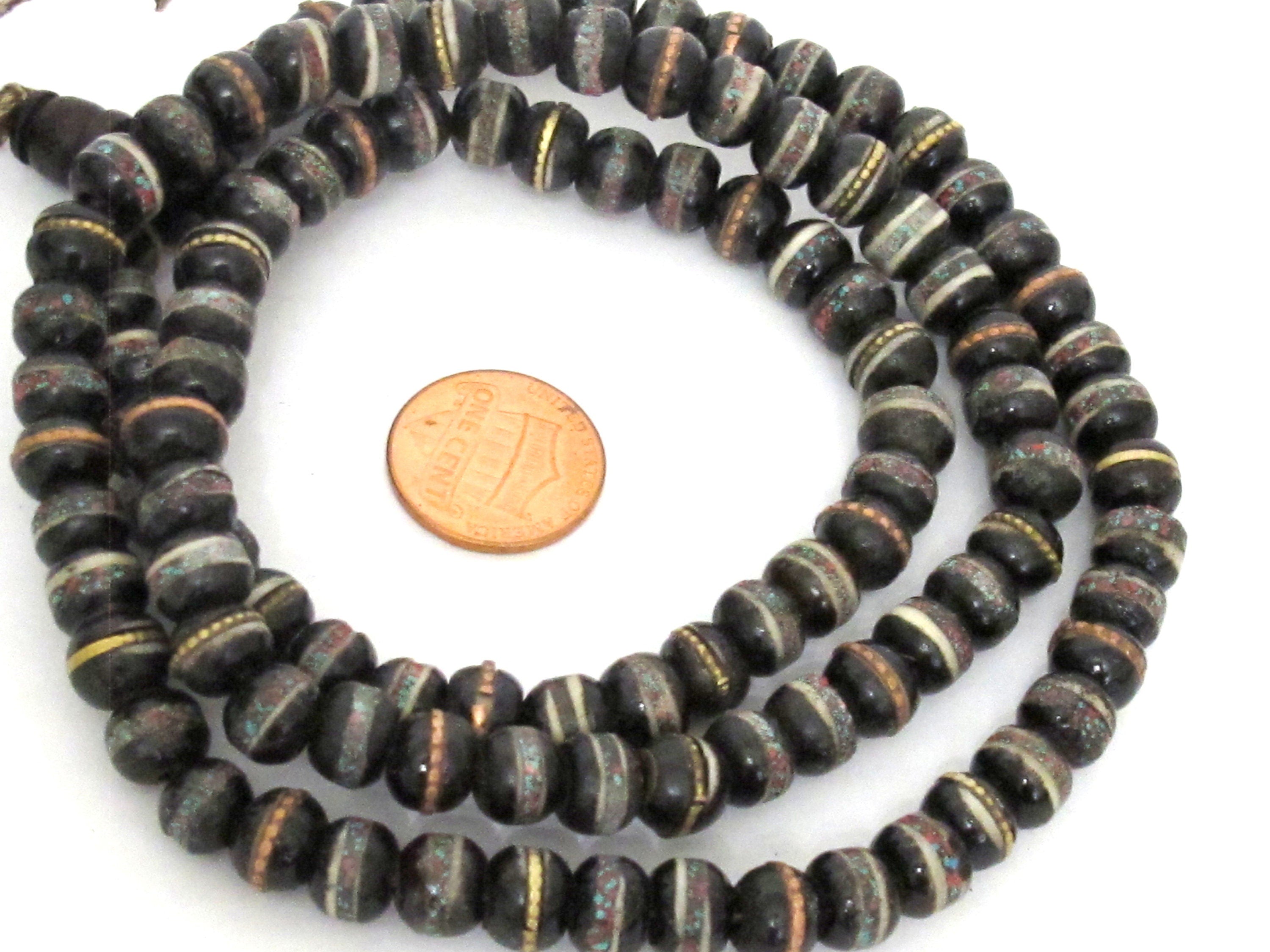 108 beads - 8 mm Tibetan black brown color recycled cattle bone mala with turquoise brass inlay beads supply - ML126A