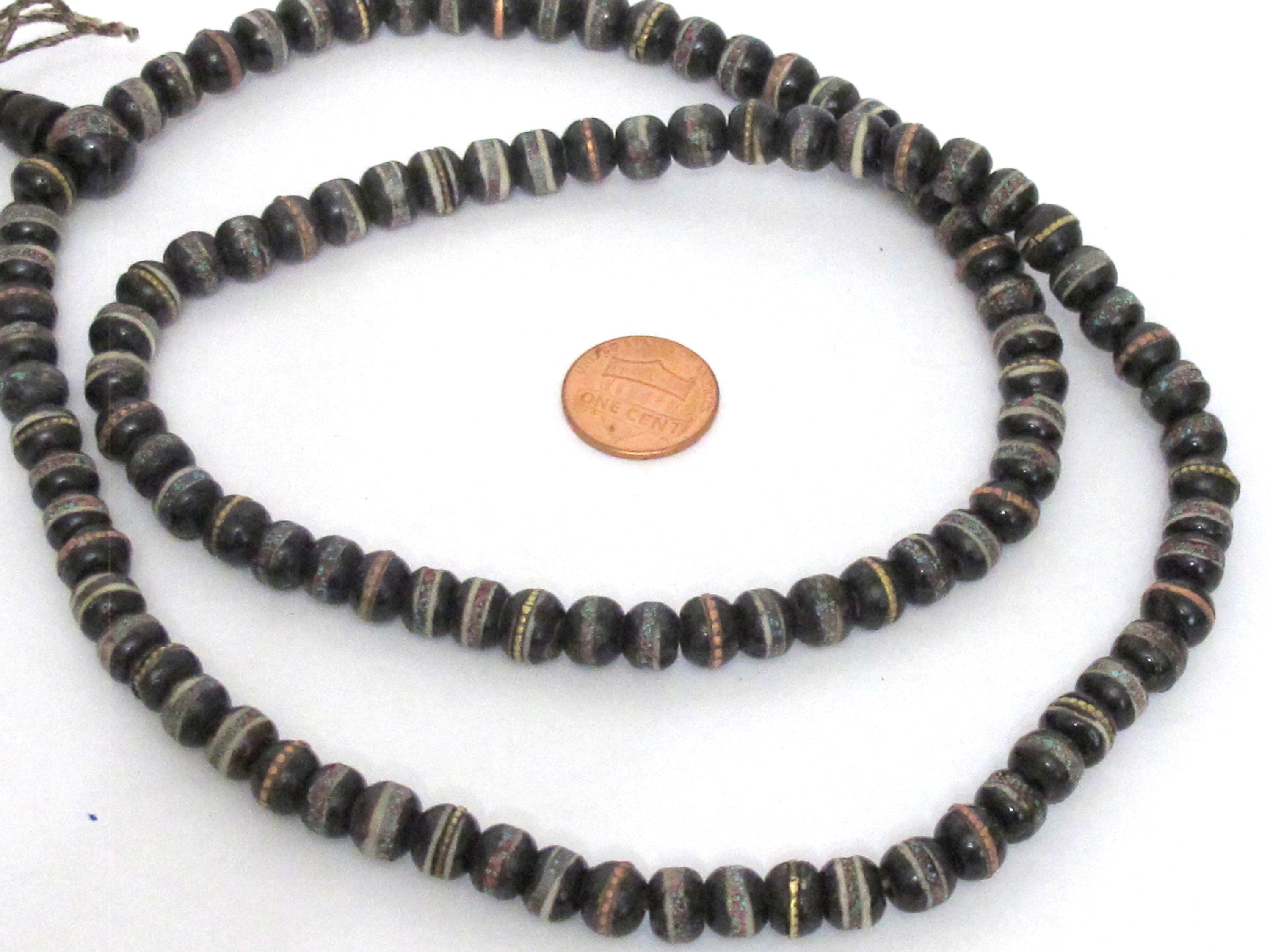 108 beads - 8 mm Tibetan black brown color recycled cattle bone mala with turquoise brass inlay beads supply - ML126A