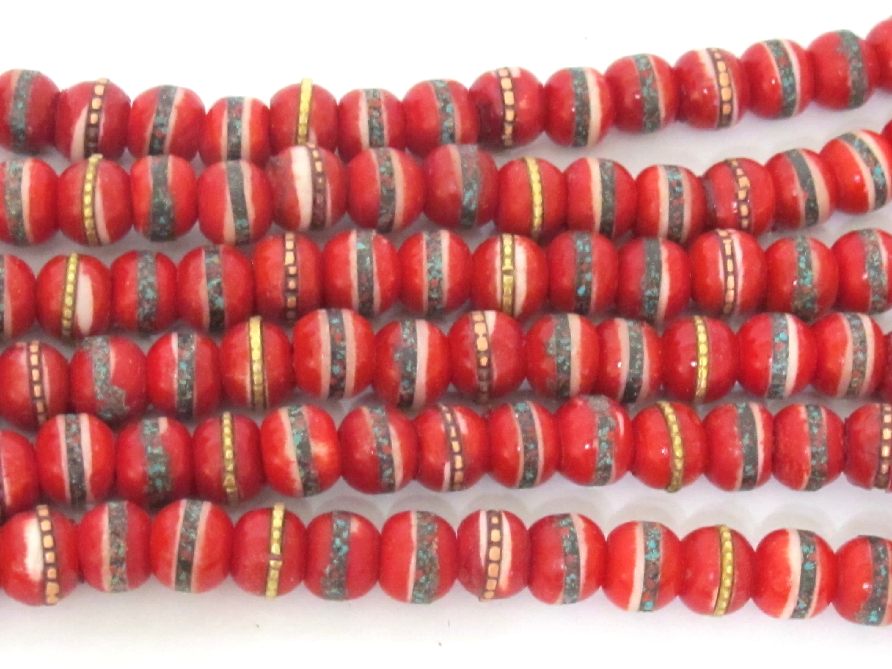 20 beads - Tibetan bone beads inlaid bone beads - 8 mm Tibetan red color bone beads turquoise brass inlay beads - nepal beads ML127B