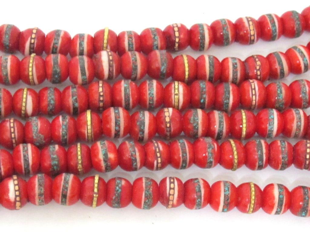 108 beads - Tibetan bone beads inlaid bone beads - 8 mm Tibetan red color bone beads turquoise brass inlay beads - nepal beads ML127A