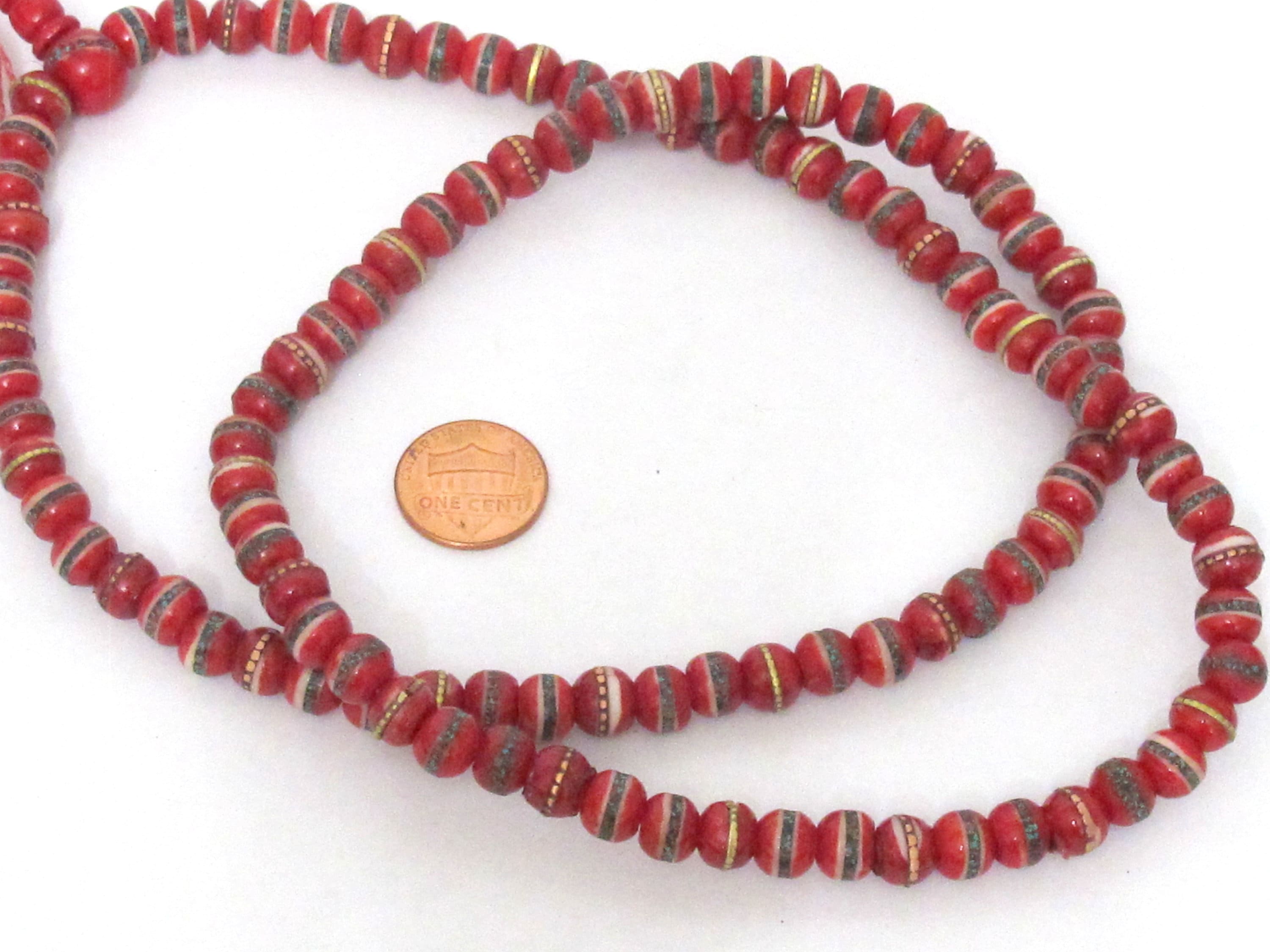 108 beads - Tibetan bone beads inlaid bone beads - 8 mm Tibetan red color bone beads turquoise brass inlay beads - nepal beads ML127A