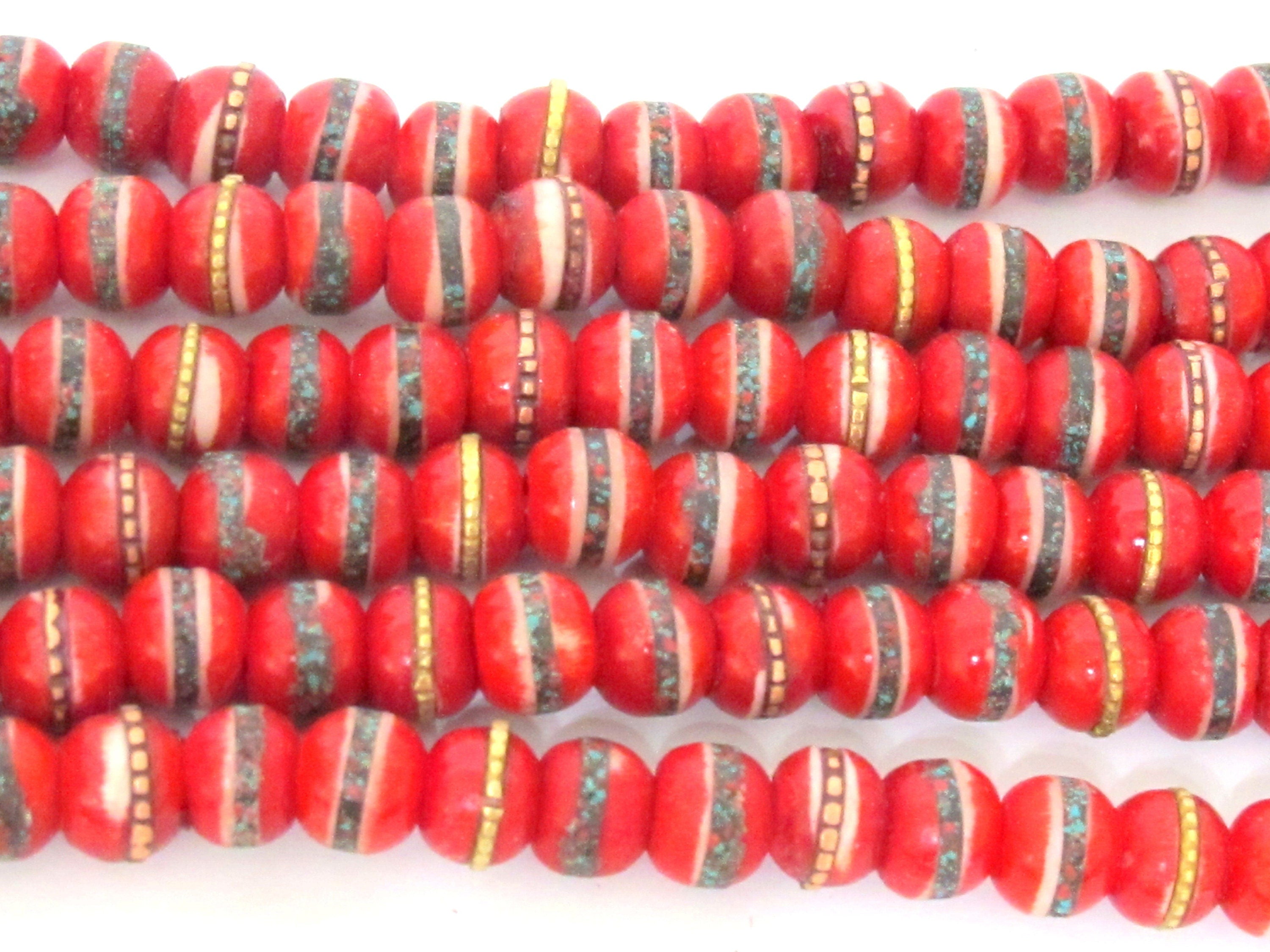 108 beads - Tibetan bone beads inlaid bone beads - 8 mm Tibetan red color bone beads turquoise brass inlay beads - nepal beads ML127A